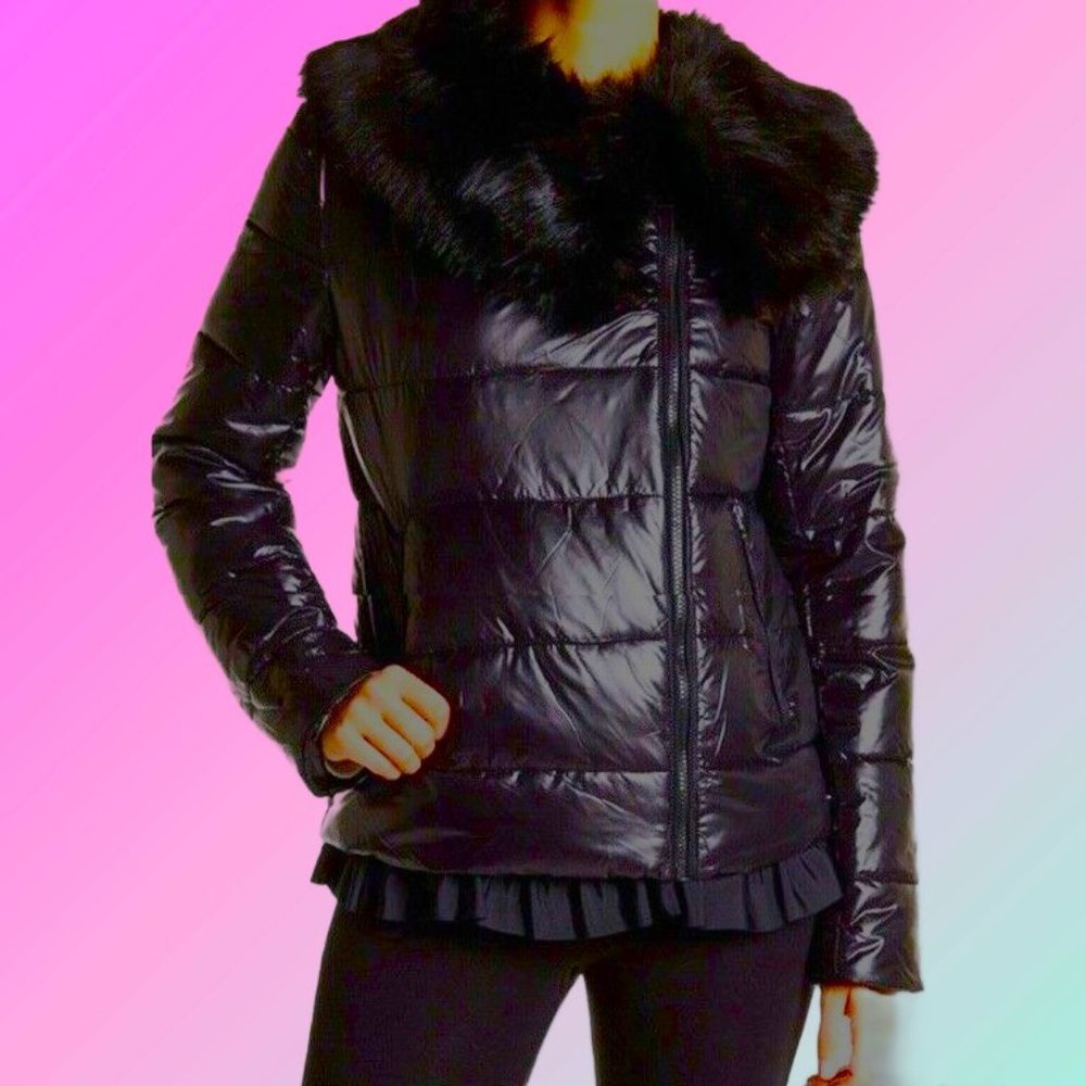 BETSEY JOHNSON Black Puffer Coat Asymmetrical Fur Collar Ribbon Hemline Sz L /M